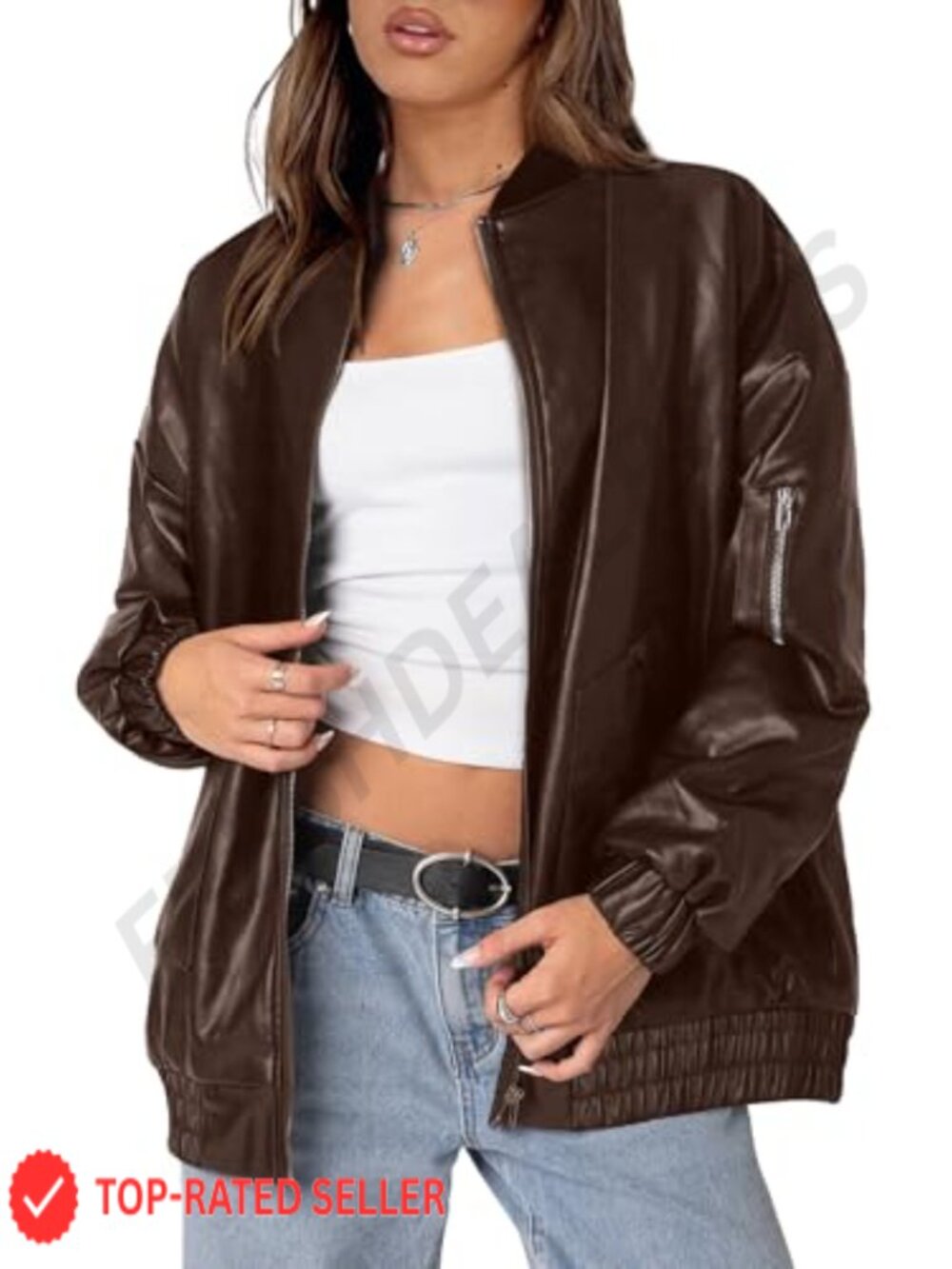 Faux Leather Jacket Oversized Motorcycle Bomber Zip Up Pockets Fall Winter